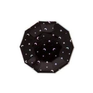 May include: Black paper party plates with a white crescent moon and star pattern.