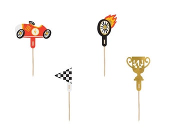 4 PCS Race Car Toppers | Race Car Birthday | Checkered Flag Decorations | Two Fast Birthday Party | Vintage Race Car Party