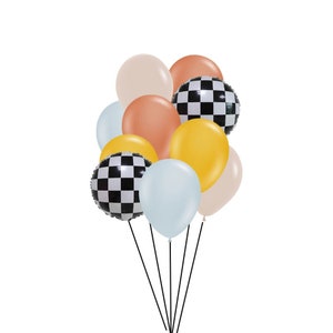 Retro Muted Race Car Themed Balloon Bouquet | Birthday Car themed Balloon Arch | Two Fast Party Decor | Car Birthday | Checkered Balloons