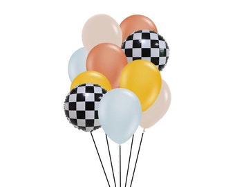 Retro Muted Race Car Themed Balloon Bouquet | Birthday Car themed Balloon Arch | Two Fast Party Decor | Car Birthday | Checkered Balloons