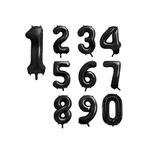 May include: A collection of black number balloons, each shaped to represent a digit from zero to nine. The balloons are inflated and ready for use, perfect for birthday celebrations or anniversaries.