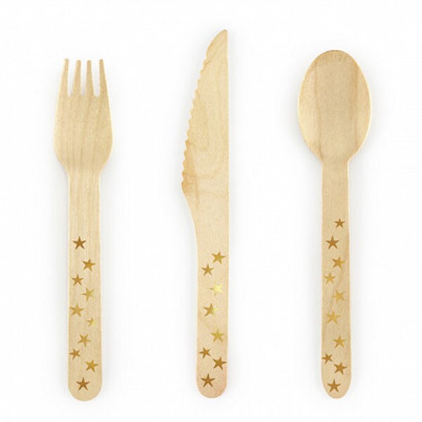 Wooden Cutlery with Gold Stars | Disposable Wooden Cutlery | Space Astronaut Party | Wooden Cutlery | Gold Tableware | Galaxy Themed Party