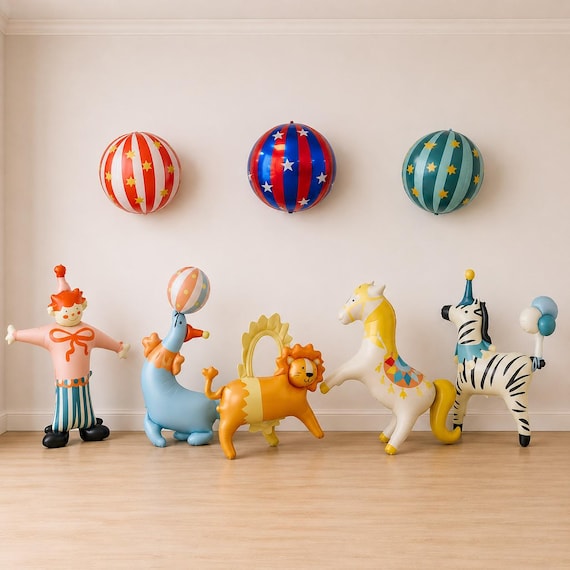 Circus Animal Balloons Circus Carnival Birthday Party Decor Lion Seal Zebra Clown Horse Striped Ornament Ball Orbs