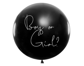May include: A black balloon with the text "Boy or Girl?" written in white script.
