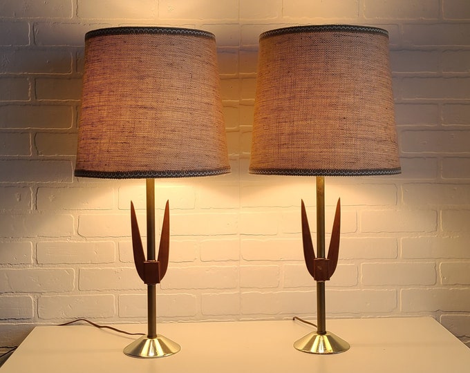 Mid Century Modern Table Lamps Matching Pair of Walnut & Brass Lamps