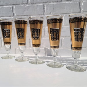 Mid Century Libbey Pilsner Glassware ~ 1960s Black And Gold Tall Pilsner Glasses ~ Vintage Barware ~ Set of 5 Clear Footed Tall Beer Glasses