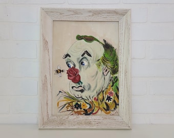 Vintage Oil Painting of Clown ~ Signed and Dated by Artist - 1960s Wall Art ~ Clown Theme ~ Mid Century Wall Art