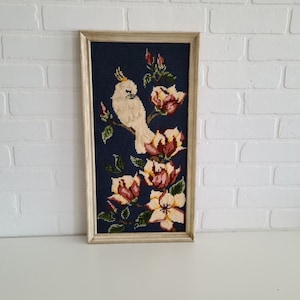 Vintage Framed Needlepoint Wall Art ~ Bird On A Branch With Flowers ~ Handmade Folk Art
