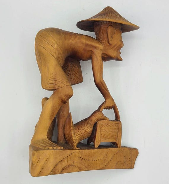 Vintage Handcarved Wooden Sculptural Figurine | Balinese Farmer With Ducks | Handcrafted | Indonesian Art | Collectible | Home Decor