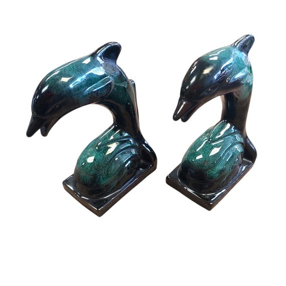 Vintage Glazed Ceramic Dolphin Bookends | Set of 2 | Mid Century | Unmarked Canadian Pottery | Home Decor | Collectible Canadiana