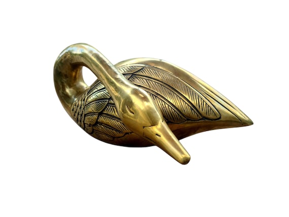 Vintage Hollow Brass Sleeping Swan | Large Brass Swan Figurine In Sleeping Nesting Position | 1980s | Made In Korea | Home Decor