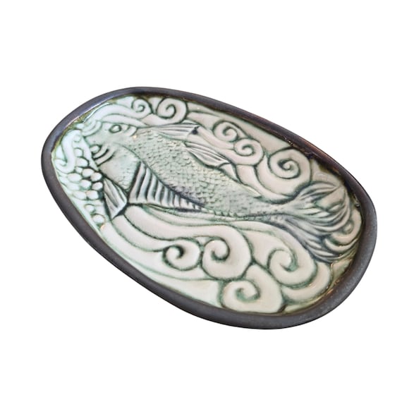 Handcrafted Oval Stoneware Dish Featuring A Relief Carved Fish Swimming Through Waves - Collectible Signed Studio Pottery