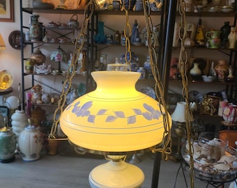 Vintage GWTW Style 1980s Hanging Hurricane Swag Lamp With Hand Decorated Blue Floral Motif | Ceiling Lamp With Plug | Home Decor