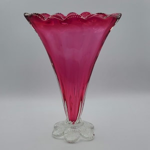 Vintage Cranberry Glass Footed Vase With Clear Base Ribbed Body And Scalloped Rim | Hand Crafted Collectible Glass | Home Decor
