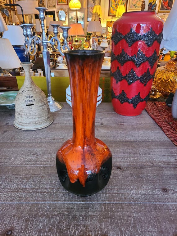Vintage Drip Glaze Long Neck Pinched Vase | Mid Century Modern Canadian Pottery | Collectible Ceramic Vase | Home Decor