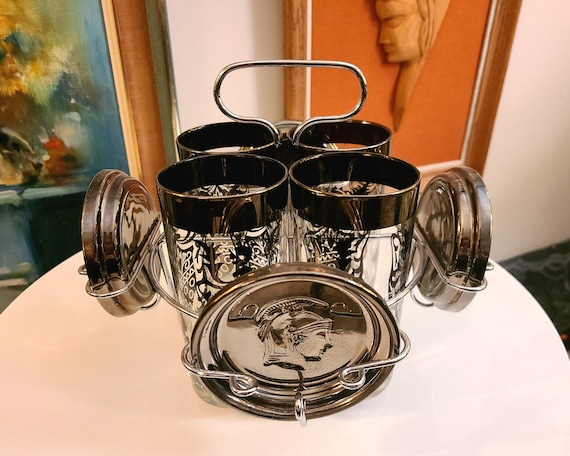Vintage KIMIKO Barware Set | Silver Highball Tumblers and Caddy With Guardian Crest | MCM Drinkware