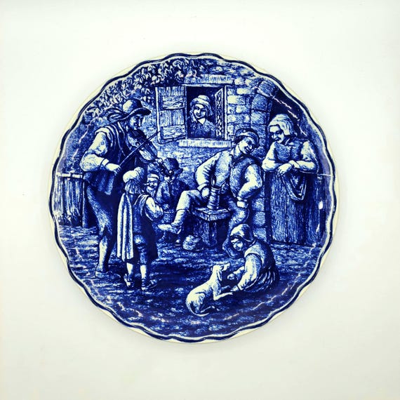 Vintage Delft Wall Plate By Boch Freres La Louviere Belgium | Handcrafted 10" Decorative Delftware Plate | Jolly Tavern Scene | Collectible