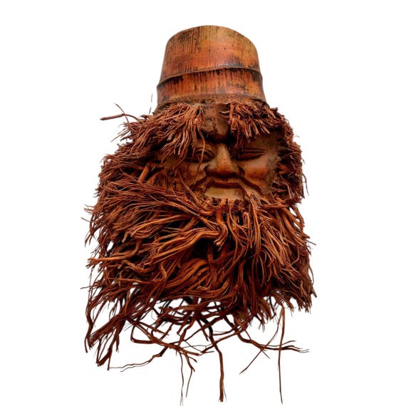 Vintage Asian Carved Bamboo Root Face Sculpture | Handmade | Face With Fibrous Beard | Original Wall Art | Home Decor