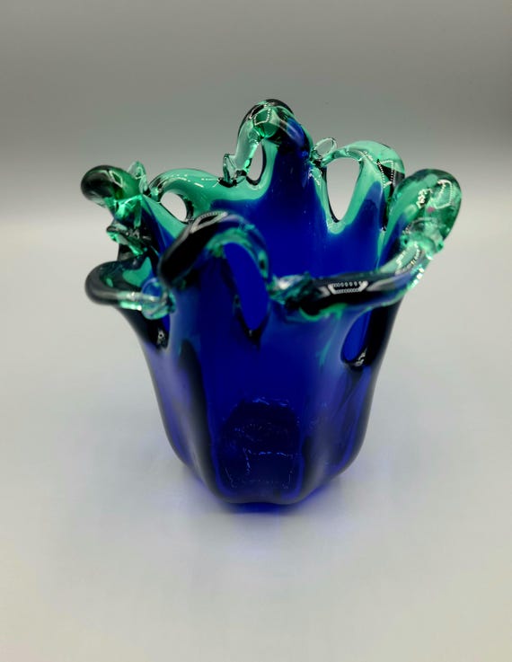 Vintage Murano 'White Cristal' Hand Blown Cobalt Blue And Green Art Glass Bowl | Made In Italy | Home Decor