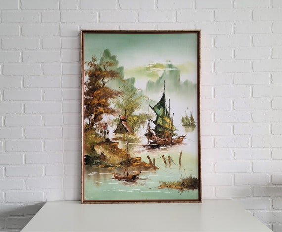 Vintage Oil Painting ~ Framed And Signed ~ Chinese Junk Boats ~ Wall Art