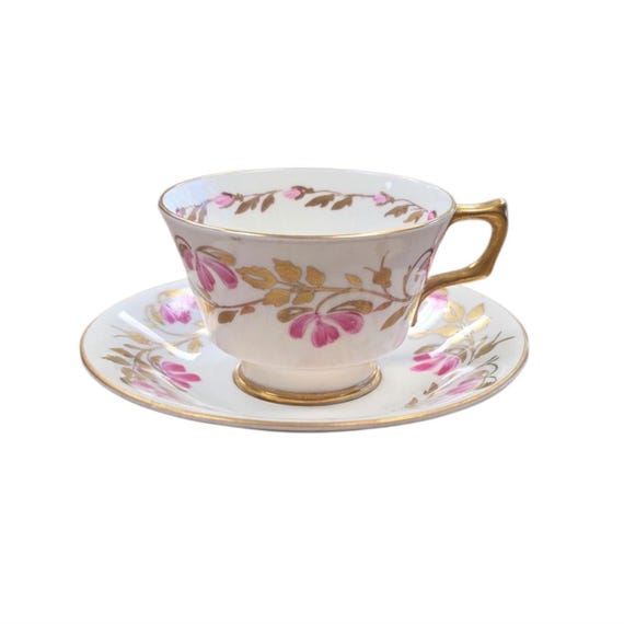 Vintage Royal Sutherland Porcelain Teacup and Saucer | Made in England | 1960s | Floral Motif With Gold Trim Collectible | Drinkware