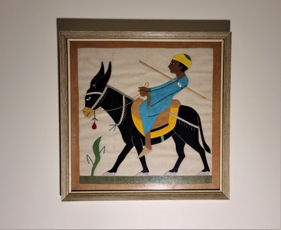 Vintage Framed Wall Art ~ Handmade Stitched Fabric Art ~ Man On Donkey ~ Textile Patchwork Art ~ Home Decor