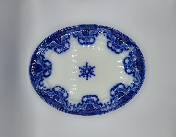 Antique New Wharf Pottery England | KNOX Pattern | Hand Decorated Blue Porcelain Serving Dish | Rare Late Victorian | Collectible Dinnerware