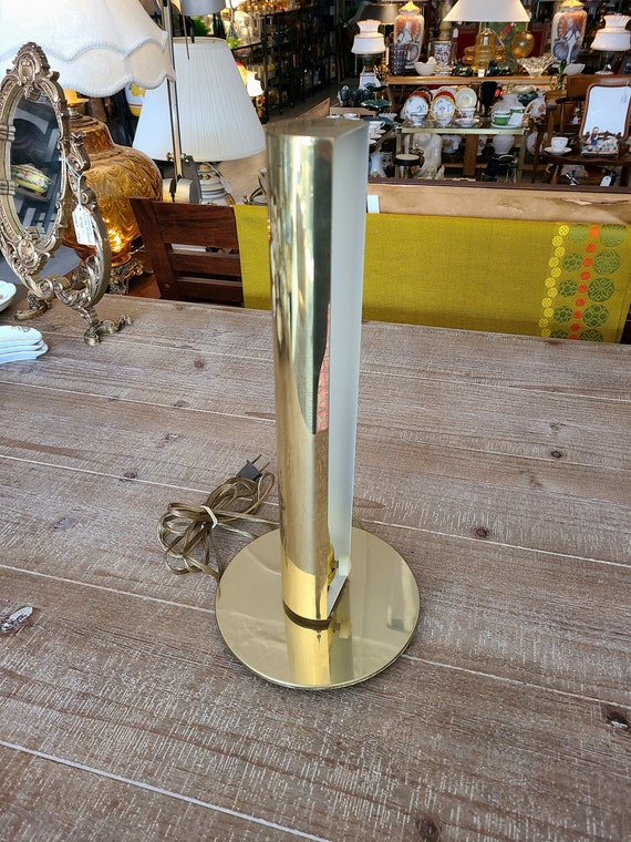 Mid Century Cylindrical Brass Table Lamp by George Kovacs | Vintage Brass Table Lamp with Dimmer