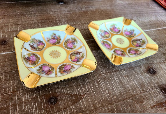 Vintage JWK Bavaria Porcelain Ashtray Set | Fragonard Courting Scene | Western Germany | Home Decor