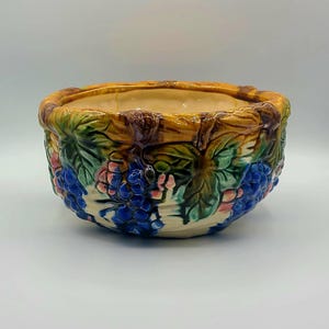 May include: A ceramic bowl with a grapevine design. The bowl is decorated with blue, green, and pink grapes and leaves.