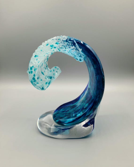 Dynasty Gallery Art Glass Sculpture | Small Tropic Wave | Hand Crafted | Collectible | Glass Wave With Crushed Glass Seafoam Tip