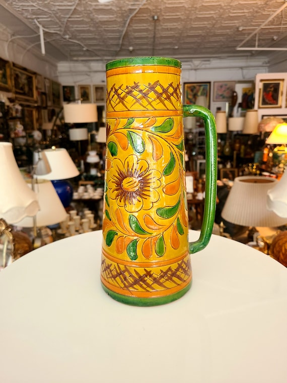Vintage Sgraffito Ceramic Pitcher Vase | Italian Pottery | Handmade Home Decor