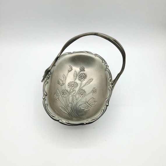 Vintage FRIELING ZINN Germany Decorative Pewter Bowl With Handle | Handcrafted | Pewter 95% | Candy Dish | Floral Motif With Butterfly