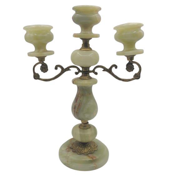 Vintage Marble Onyx And Brass Candelabra | 3-Arm Candle Holder | Hollywood Regency | Table Decor | Natural Stone | Scroll Arm | Candleholder