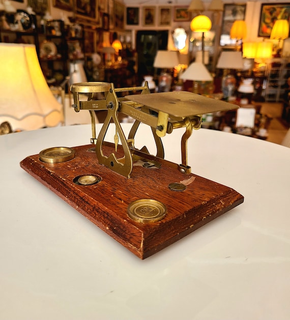 Antique English Brass and Wood Postal Letter Scale | Victorian Postal Scale With Stacking Weights | Collectible