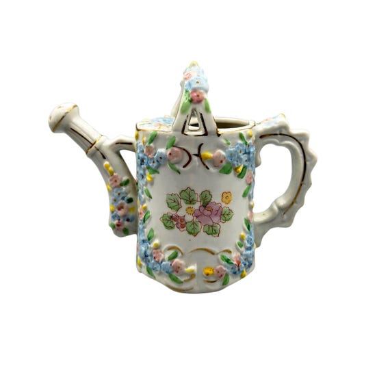 Vintage Occupied Japan Porcelain Miniature Watering Can, Hand-Painted Applied Floral Elfinware, 1940s Collectible Decor