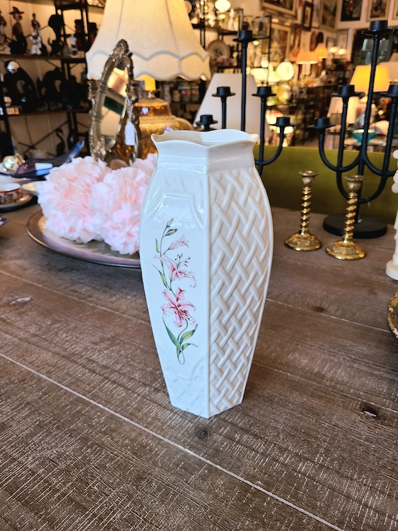BELLEEK Pottery Vase | Country Trellis | Ireland | Handcrafted Pink and White Floral Ceramic Vase | Home Decor