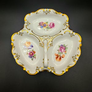 Vintage JLMENAU Graf Von Henneberg Divided Porcelain Dish With Handle | East Germany | Hand Decorated Gold Gilt With Floral Motif