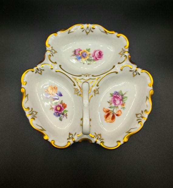 Vintage JLMENAU Graf Von Henneberg Divided Porcelain Dish With Handle | East Germany | Hand Decorated Gold Gilt With Floral Motif