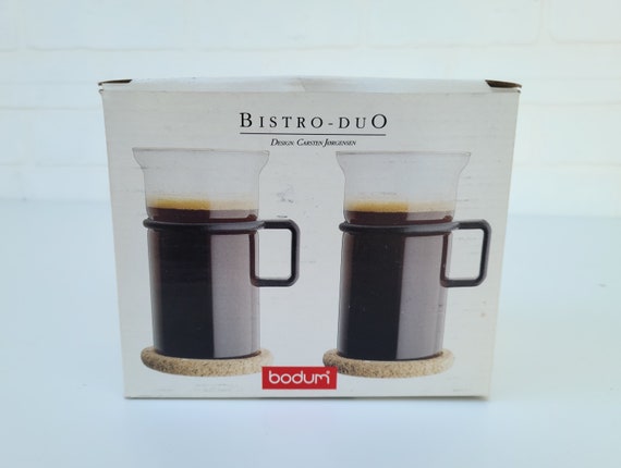 Vintage Bodum Glass Mugs ~ No 4512 ~ Set of 2 Glasses With Plastic Handles Depicting Monkey Making French Press Coffee ~ Retro Kitchenware