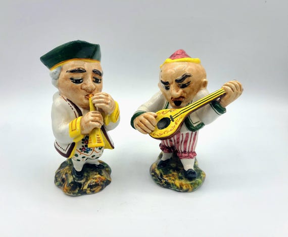 Vintage Dwarf Musician Porcelain Figurines | Set of 2 | Hand Painted Ceramic Figurines From Italy | Collectible | Shelf Decor