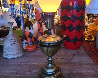 Vintage 1970s Brushed Brass Table Lamp | Hollywood Regency | Torchiere Lamp With Milk Glass Shade | Home Decor and Lighting