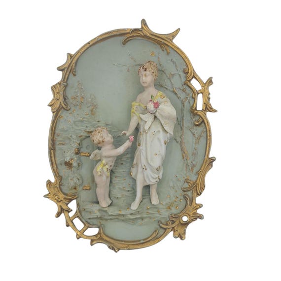 Antique High-Relief Jasperware Bisque Porcelain Wall Plaque | Late 19th Early 20th Century | Cherub Scene | Oval Scroll Frame | Collectible