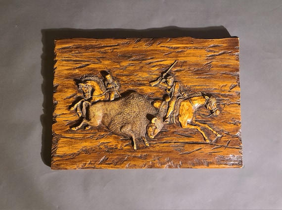 Faux Wood Carving Wall Plaque ~ 1970s Molded Resin Signed Wall Art ~ Hunting Scene ~ Home Decor