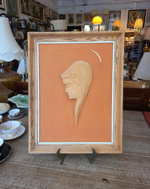 Mid Century Framed Wood Carving Wall Art | Handcrafted | 1966 | Hand Carved Wood | Silhouette of Madonna | Religious Theme | Home Decor