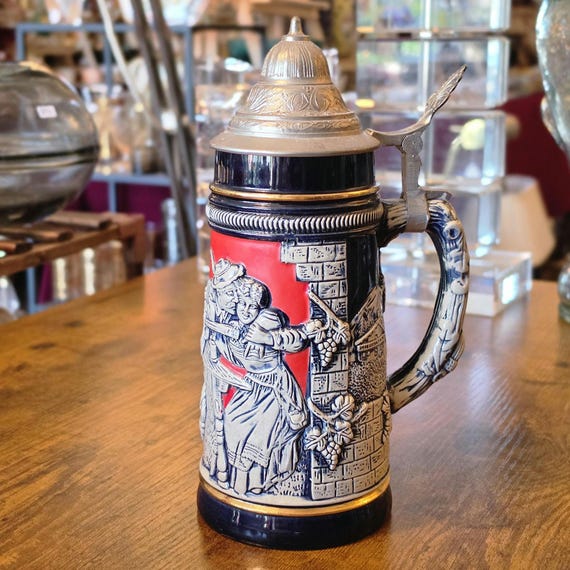 Vintage King Beer Stein | Raised Relief Tavern Scene, Metal Lid, Western Germany Collectible Barware