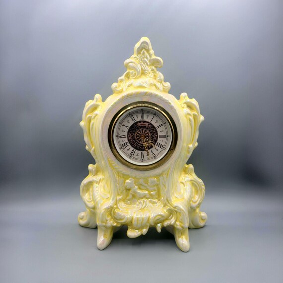 Vintage NARCO Porcelain Wind-Up Mantle Clock | Made In West Germany | 1970s | Iridescent White And Yellow | Home Decor