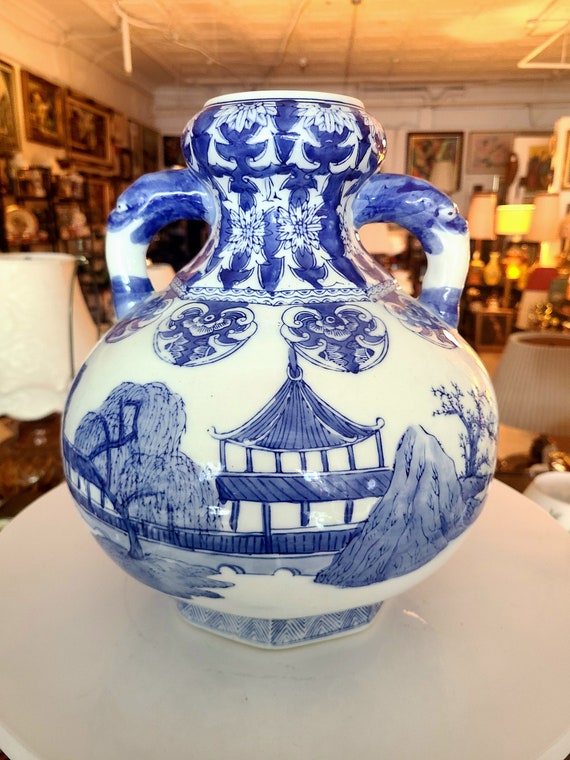 Vintage Blue And White Ceramic Chinoiserie Vase | Large Two Handle Chinese Vase | Collectible Home Decor | Chinese Pottery
