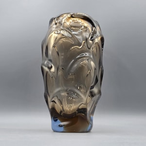 Mid Century Czech Art Glass Vase Jan Beranek Skrdlovice 1960s Bohemian Sommerso Blue Amber Fluted Sculptural Freeform Blown Vase Collectible
