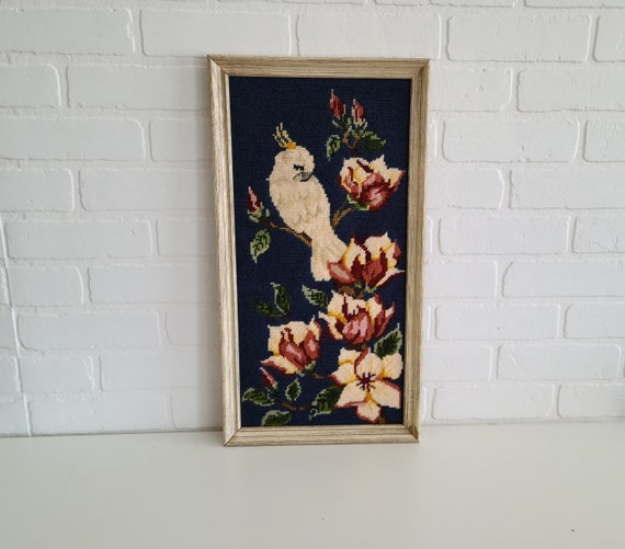Vintage Framed Needlepoint Wall Art ~ Bird On A Branch With Flowers ~ Handmade Folk Art